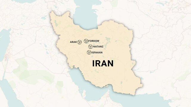 Map locating significant Iranian nuclear facility sites, including Arak, Fordow, Natanz, and Isfahan