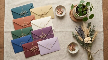 Fototapeta premium Colored Envelopes with Decorative Elements on Linen