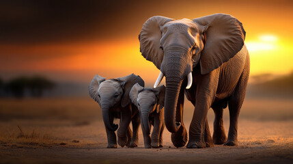 Fototapeta premium African elephant family walking across the savanna at sunrise, mother protecting her calves, symbolizing conservation, wildlife protection, and wilderness survival. World Wildlife Day