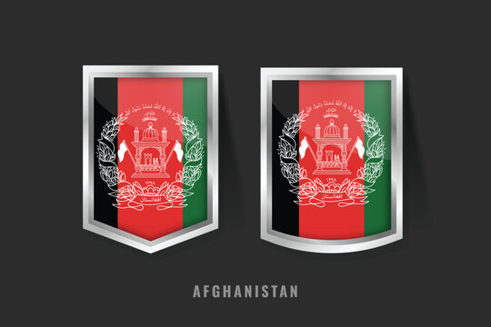 Afghanistan Flag Badges Set: 3D Glossy Silver Metal Shield Icons of Afghan National Emblem and Islamic Republic