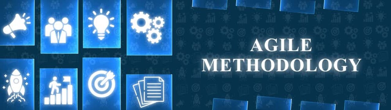 Agile Methodology Concept with Icons of Megaphone Teamwork Lightbulb Gears Rocket Target and Documents on Blue Background