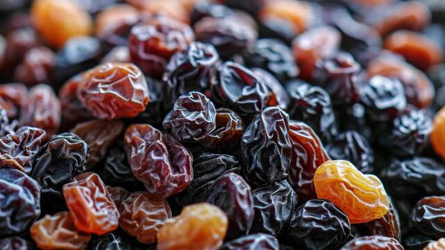 A close-up view of a variety of dried fruits and nuts arranged in a wooden bowl