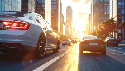 Fototapeta premium Cars driving on a city street during golden hour.