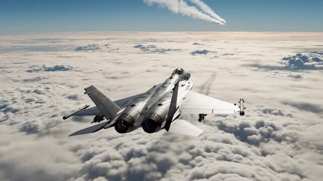 Fighter jet flying above clouds