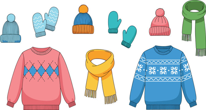 Winter clothing collection with knitted sweaters, hats, mittens, and scarves for cold weather fashion and cozy seasonal outfit vector illustration.