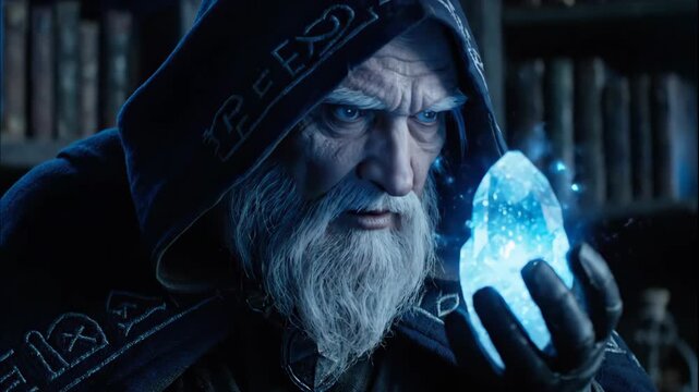 Wise Old Wizard in a Hooded Robe Intensely Studies a Glowing Blue Magical Crystal in His Arcane Library