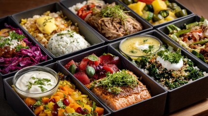 Fototapeta premium Lunch box with international flavors, featuring diverse, healthy meals, healthy food, lunch box. 