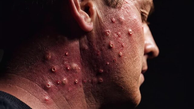 Closeup of a mans face and neck showing symptoms of monkeypox highlighting the skin lesions and rash.