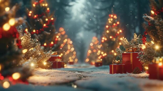 A magical winter scene with multiple lit Christmas trees and gift boxes in a line on the ground.
