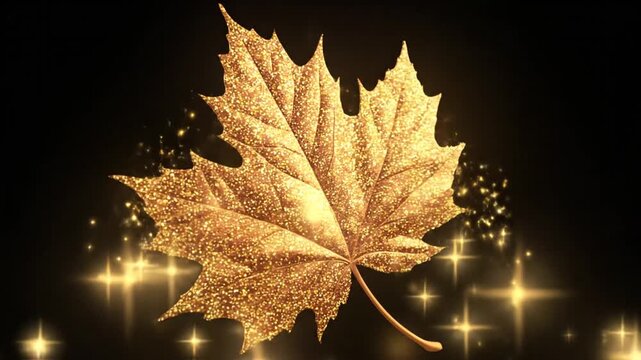 A golden, sparkling leaf with glowing, bright stars on a dark background