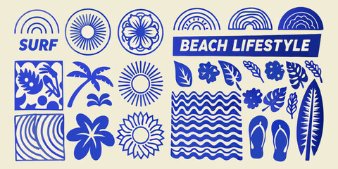 Blue and white graphic design featuring surf beach and tropical elements © Hridoy
