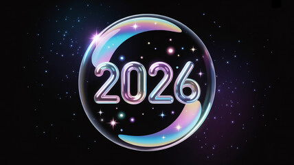 Fototapeta premium Shiny holographic bubble with 2026 text and crescent moon shape on starry night background