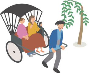 人力車に乗って観光を楽しむ女性と車夫のイラスト