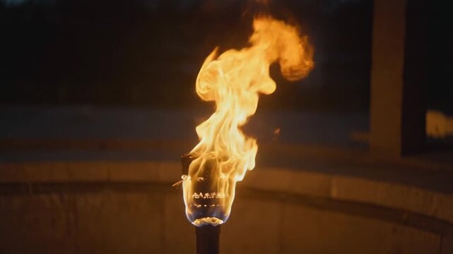 A lit torch burns brightly on a pole at night, surrounded by a stone wall and dark background, symbolizing freedom or protest