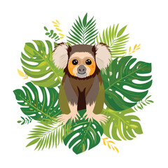 Cartoon lemur surrounded by lush green tropical foliage © rafara