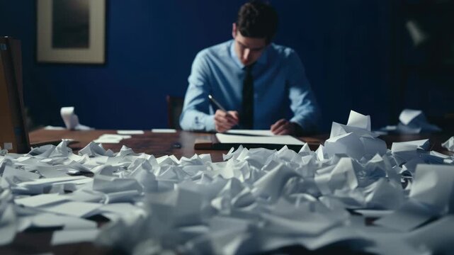 Desk cluttered with crumpled papers and a man writing.