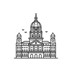Fototapeta premium Classical Government or Cathedral Building Icon with Dome, Towers, and Symmetrical Architecture Vector Illustration