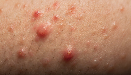 Fototapeta premium Close-up macro shot of human skin texture showing small red inflamed bumps and irritated follicles, highlighting problematic skin conditions