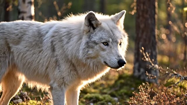 White Wolf Standing in Forest Clearing.