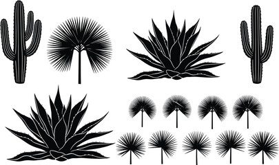 WebDesert cactus and agave silhouette vector set featuring saguaro cacti and palm trees isolated on white background for southwest landscape design © Samol