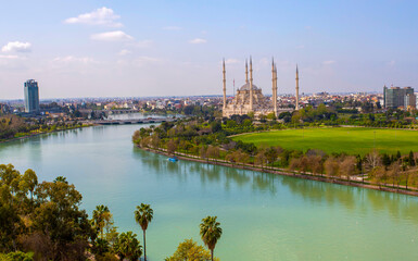 Adana central Sabanci Mosque with Seyhan river, city panoramic and top view, Adana - Turkey. © Esin Deniz