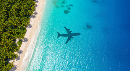 Fototapeta premium Aerial shot of tropical beach with turquoise ocean and palm trees. Plane shadow over water, representing travel, vacation and destination concept.