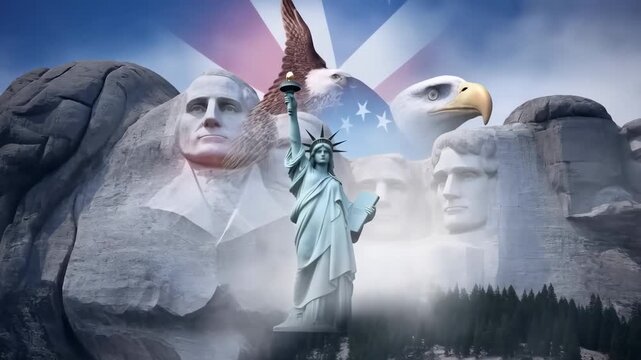 Statue of Liberty stands central amidst ethereal mist and clouds layered with Mount Rushmore national memorial carvings plus noble bald eagle head