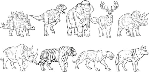 Diverse Wildlife and Prehistoric Animal Collection Featuring Dinosaurs Elephant Tiger Rhino Deer and Wolf Illustrations for Educational Nature and History Projects