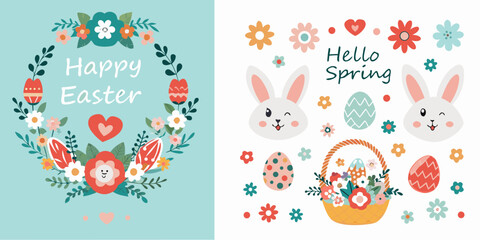 Festive easter and spring greetings with floral and bunny illustrations © Hridoy