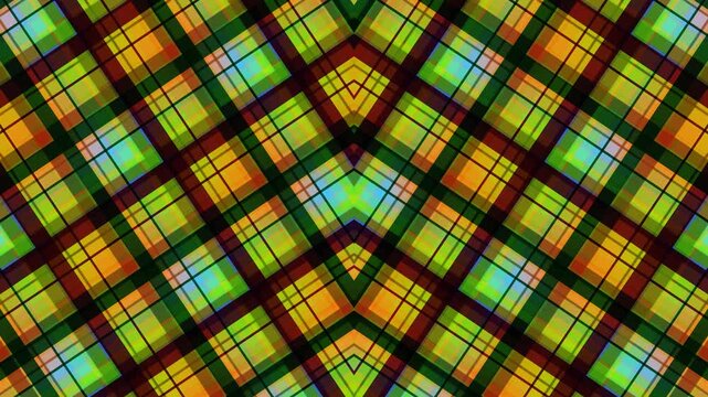 Seamless geometric vector pattern featuring an abstract colorful mosaic background with a pink and green checkered plaid fabric texture for a scottish tartan textile wallpaper design