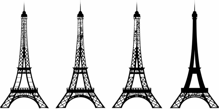 Four stylized silhouettes of the eiffel tower in black and white