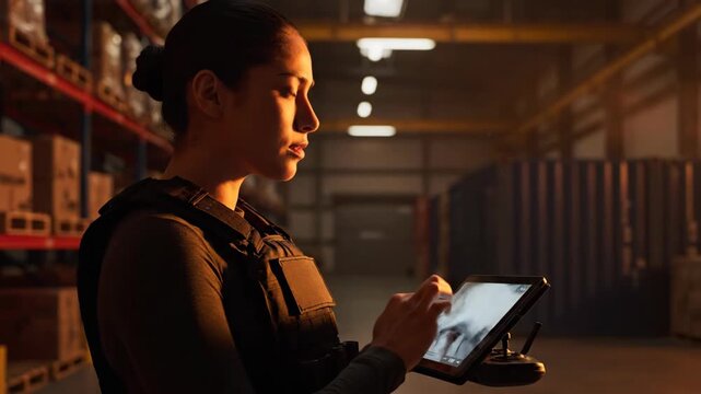 Woman operating a tablet drone controller to inspect a vast warehouse with shelves and stacked boxes.