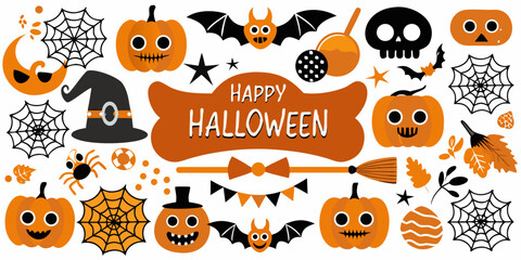 Colorful halloween stickers and elements arranged with a festive greeting © Hridoy