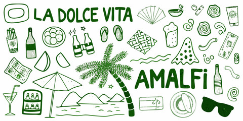 A green doodle collection depicting italian summer and amalfi coast themes © Hridoy