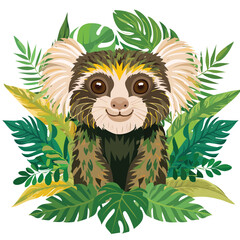 Cartoon lemur surrounded by lush tropical foliage illustration © Yatikza