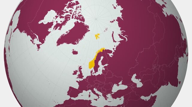 Norway map. Animated zoom into the country on the Globe in Pale Mint Dark Pink color palette. Country logo animation with round text and airplanes. Map with meridians, parallels. Classic video.