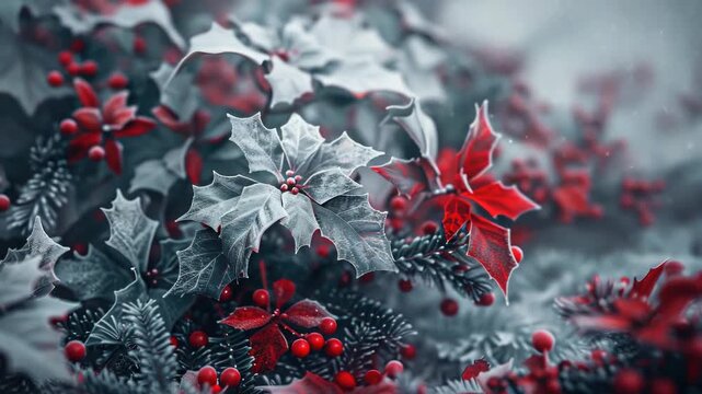 A close-up of mistletoe with red berries and leaves in a soft focus background.