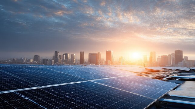 Photovoltaic solar powered skyline demonstrating clean electricity production and maintenance challenges concept opportunities and limitations selective focus sunrise energy theme vibrant Overlay roof
