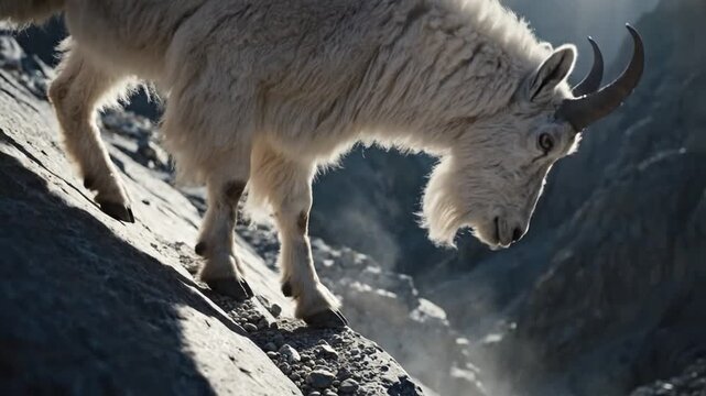 Majestic mountain goat gracefully descends rocky terrain, showcasing natural beauty.