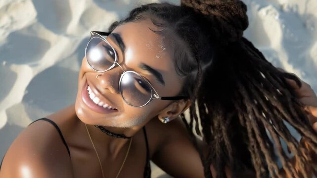 A cheerful young woman at the beach. She is wearing sunglasses and her hair is styled in braids. Her face is covered with sand, suggesting she has been playing or rolling around in the sand.
