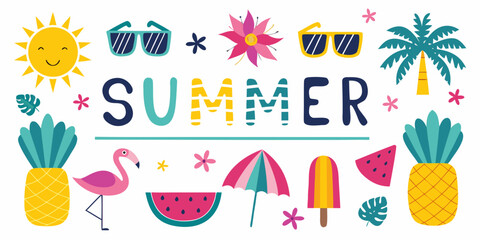 Colorful summer illustration featuring tropical fruits sun and beach elements