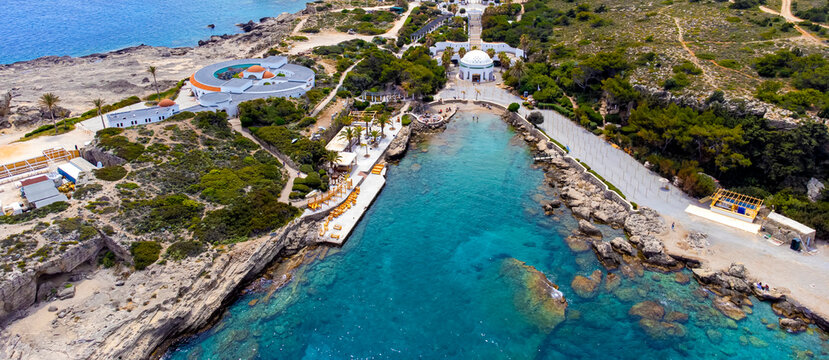 Kalithea Springs Therme and Beach, Aerial Drone View, Rhodes,Greece.