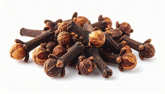 A pile of cloves and buds arranged closely together on a white surface viewed from directly above