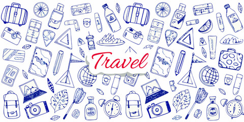 A collection of hand drawn travel themed icons and doodles © Hridoy
