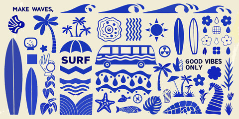 Colorful illustration featuring surfboards palm trees and ocean themed doodles © Hridoy