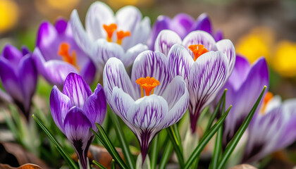 Fototapeta premium Blooming crocuses in morning sunlight. Wild flowers among pieces of brown bark mulch.