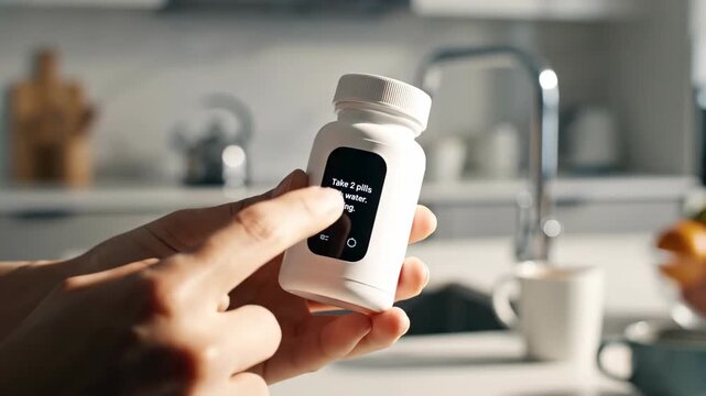 Woman interacting with smart pill bottle showing medication instructions. Innovative health tech device for daily wellness and dosage reminders.