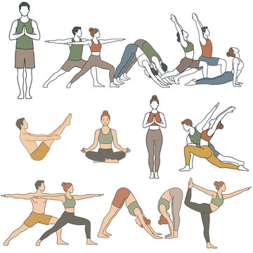 Set of people doing yoga poses in black silhouette vector illustration showing fitness and exercise activities