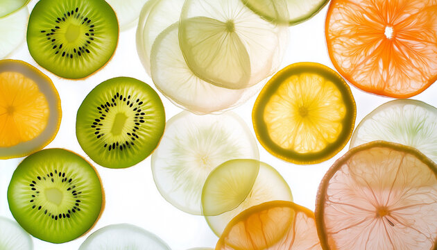 Thin slices of citrus and fruit are translucent on a white background.