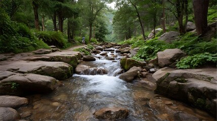 Obraz premium A refreshing stream cascades over mossy rocks through a dense green forest with a path and a distant figure